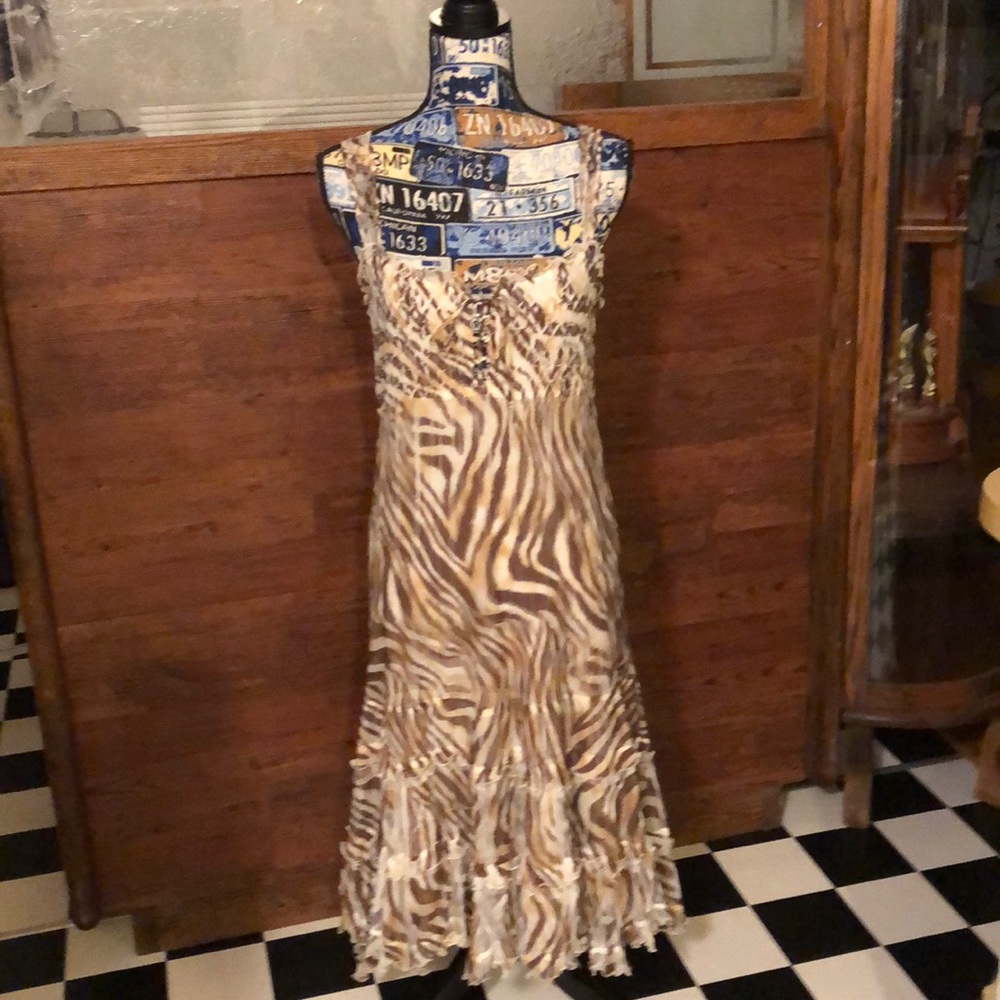 Komarov Backless Zebra-Print Maxi Dress in Brown and Cream